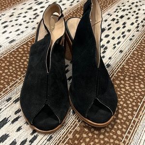 Anthropologie black suede peep toe sling back heels